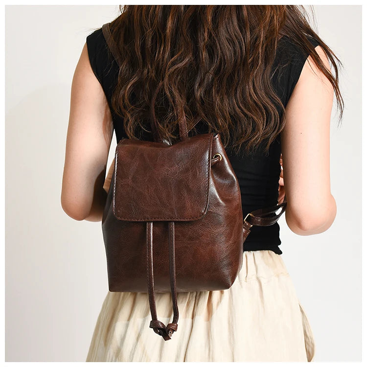 Compact Brown Retro Shoulder Bag Women's Spring Summer New Simple Artistic Match Double Rope Single Shoulder Bag Casual Style