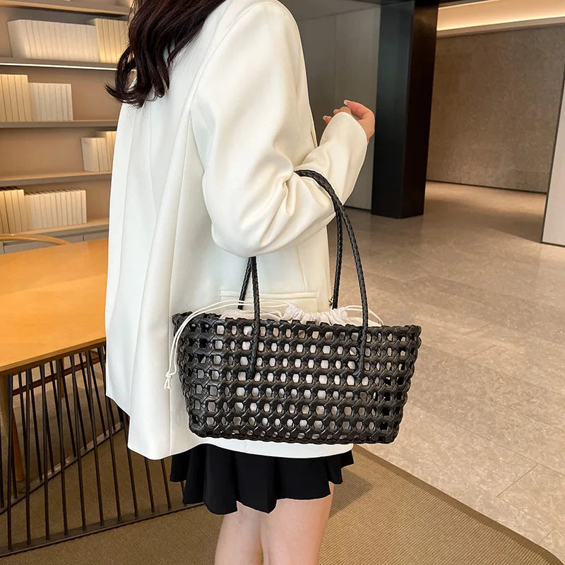 Hollow out Woven Beach Vacation Shoulder Backpack Women's Bag Casual Simple Style Double Strap Handbag for Daily Use