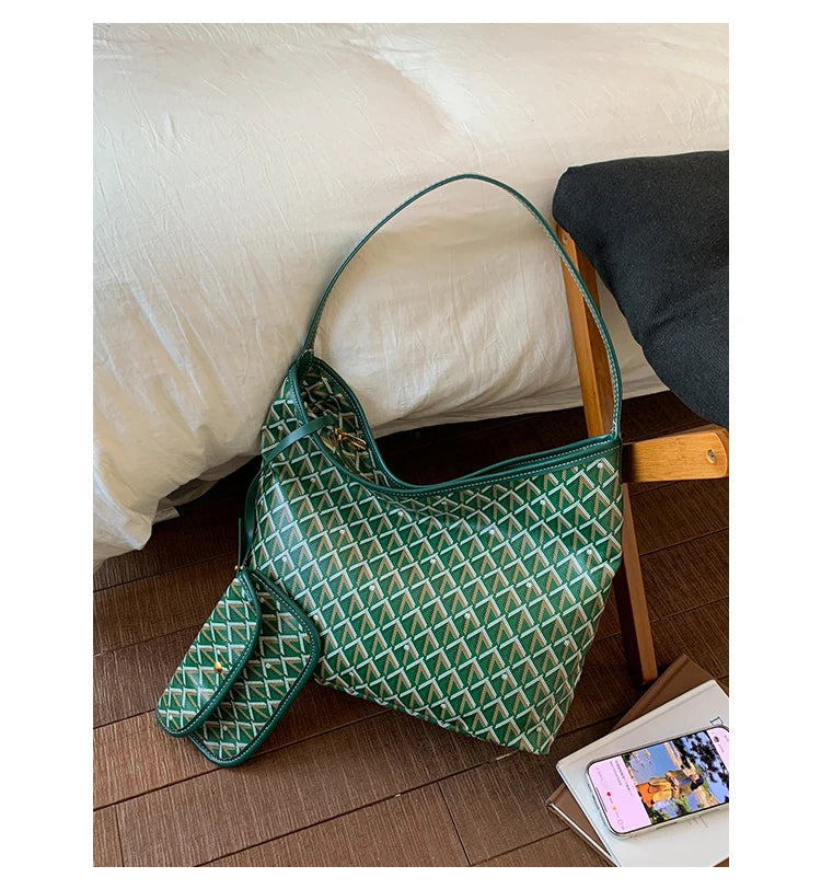 Large Capacity Women's Shoulder Bag Fashionable Commuter Tote Bag Soft PU Leather Printed Geometric Pattern Autumn New Arrival