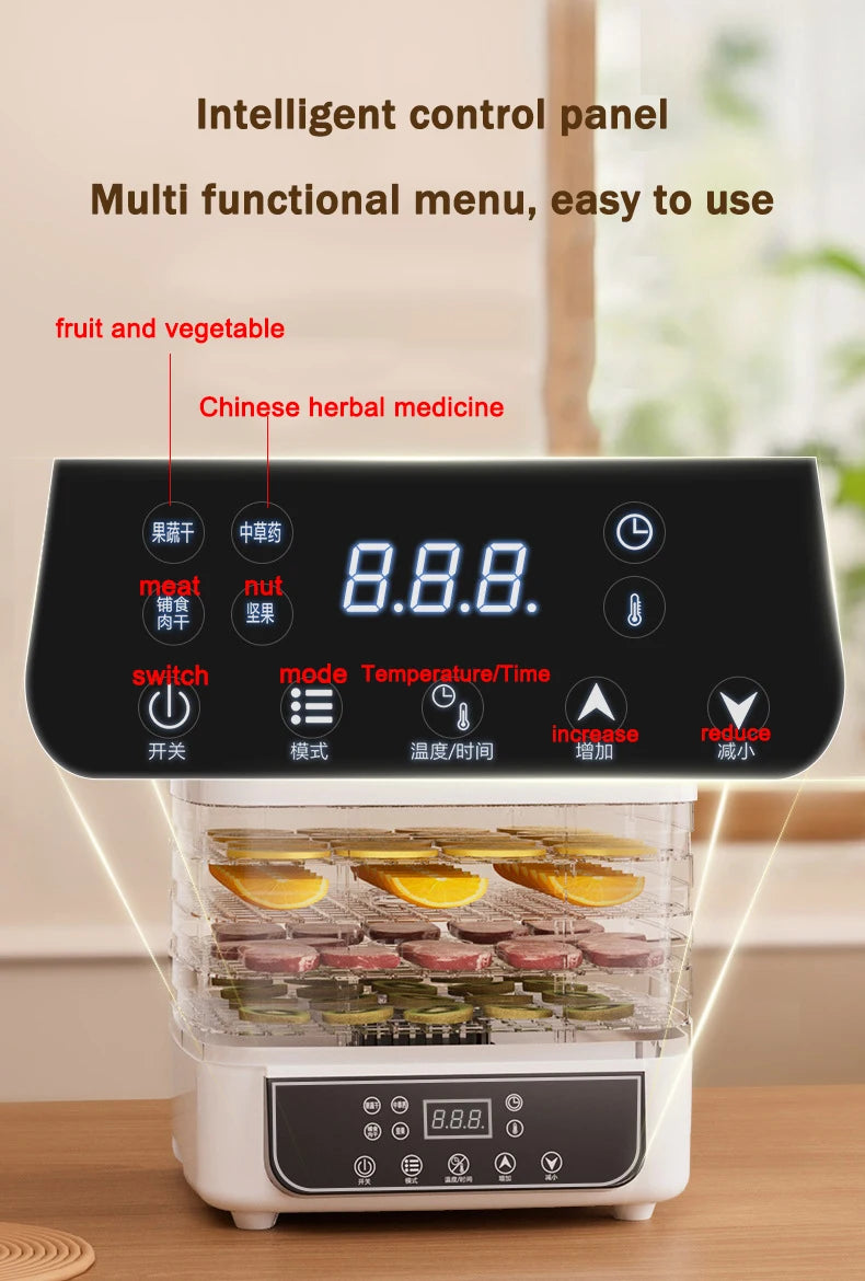 DMWD Dried Food Dehydrator Herb Fruit Vegetable Dehydration Drying Machine Smart Timing 5 Trays Pet Snacks Meat Hot Air Dryer EU