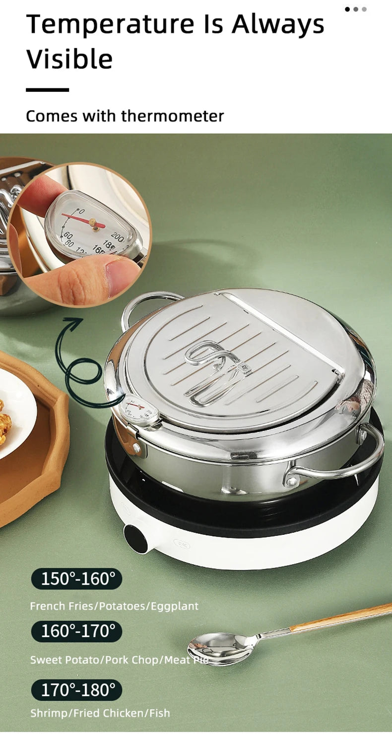 Japanese Deep Frying Pot With A Thermometer And A Lid Fryer Pan 304 Stainless Steel Kitchen Tempura Oil Frying Pan Fryer
