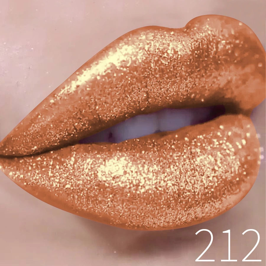 Close-up of lips with metallic gold glitter lipstick shade 212, glossy makeup look