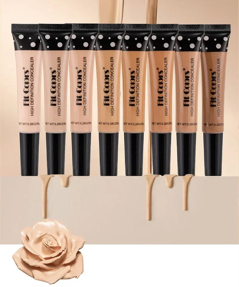 Assorted Fit Colors high definition concealer tubes in various skin tone shades, upright with liquid swatches and a creamy rose shape below.