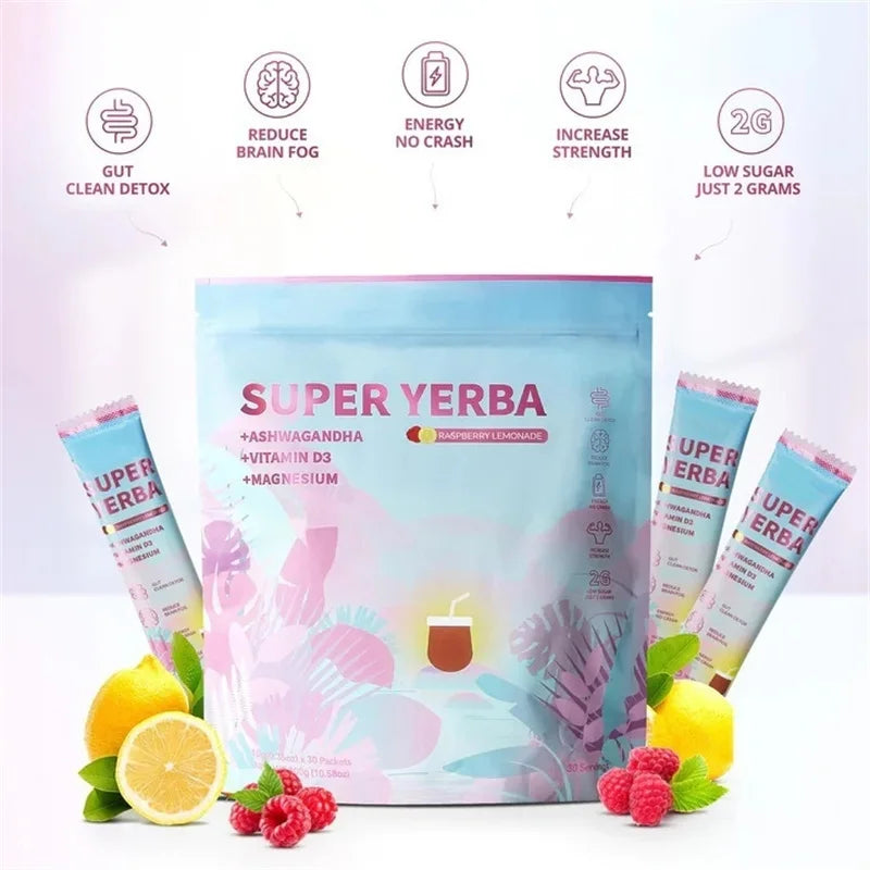 Super Yerba Aswagandha Magnesium Vitamin D Drink Energy Boost - Clean Energy, Brain Fog Buster and Gut Health Supplement