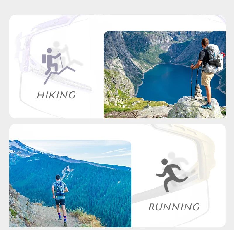 Man hiking and running with backpack in scenic mountain trails, outdoor adventure activities