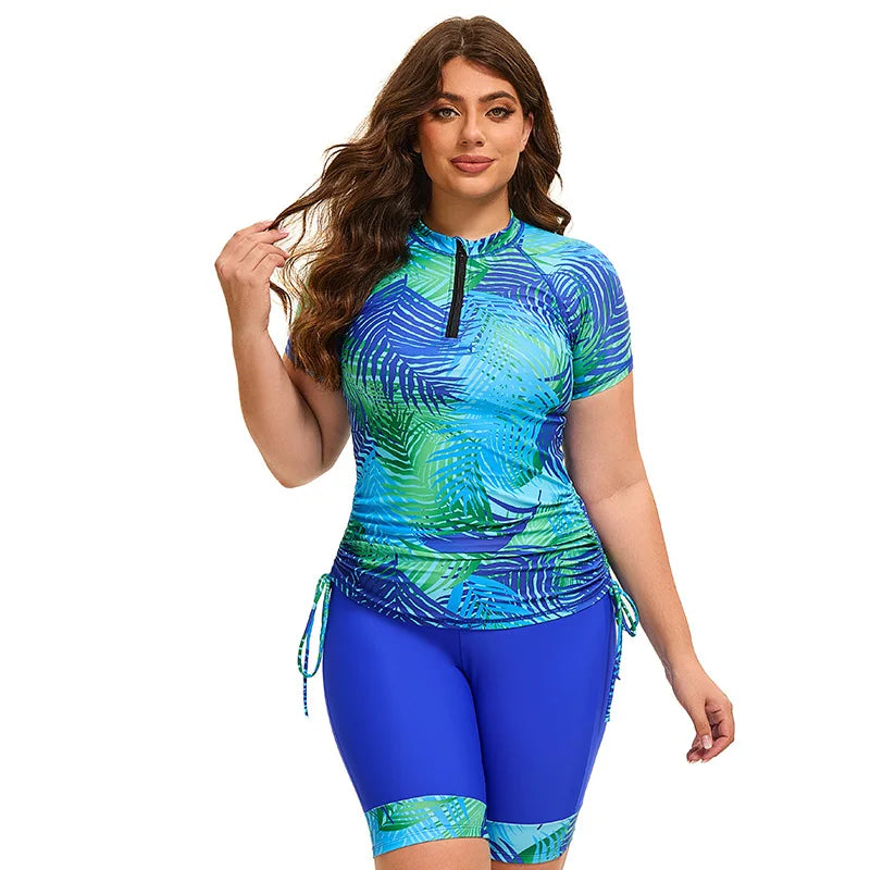 Trendy Swimwear Tropical Plants Printed Women Plus Size Tankini Swimsuit 2 Piece Big Size Bathing Suits and Shorts XL-5XL