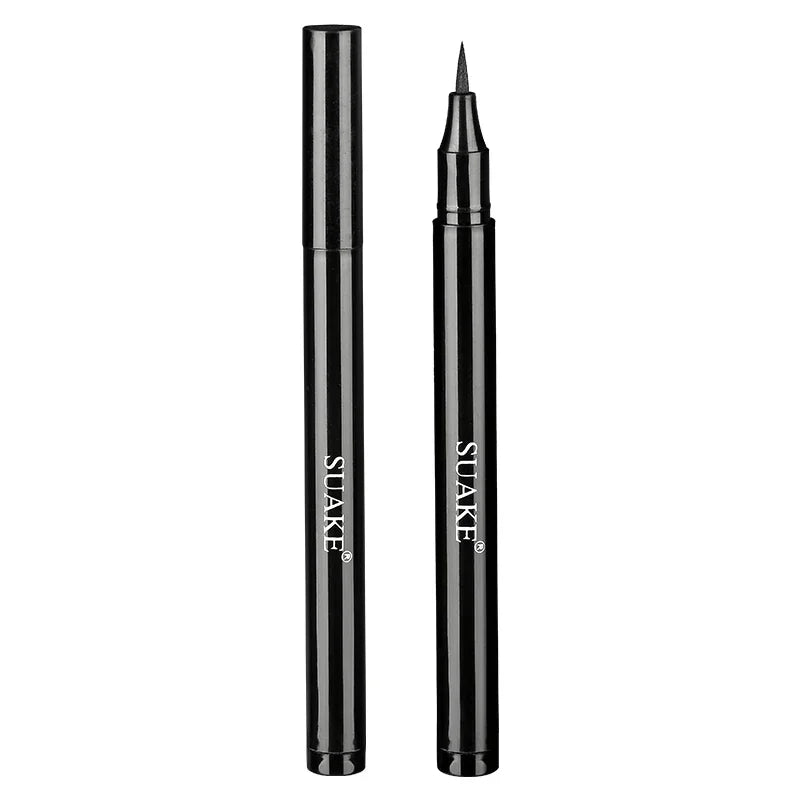 Black liquid eyeliner pen with fine tip and cap, makeup accessory on white background