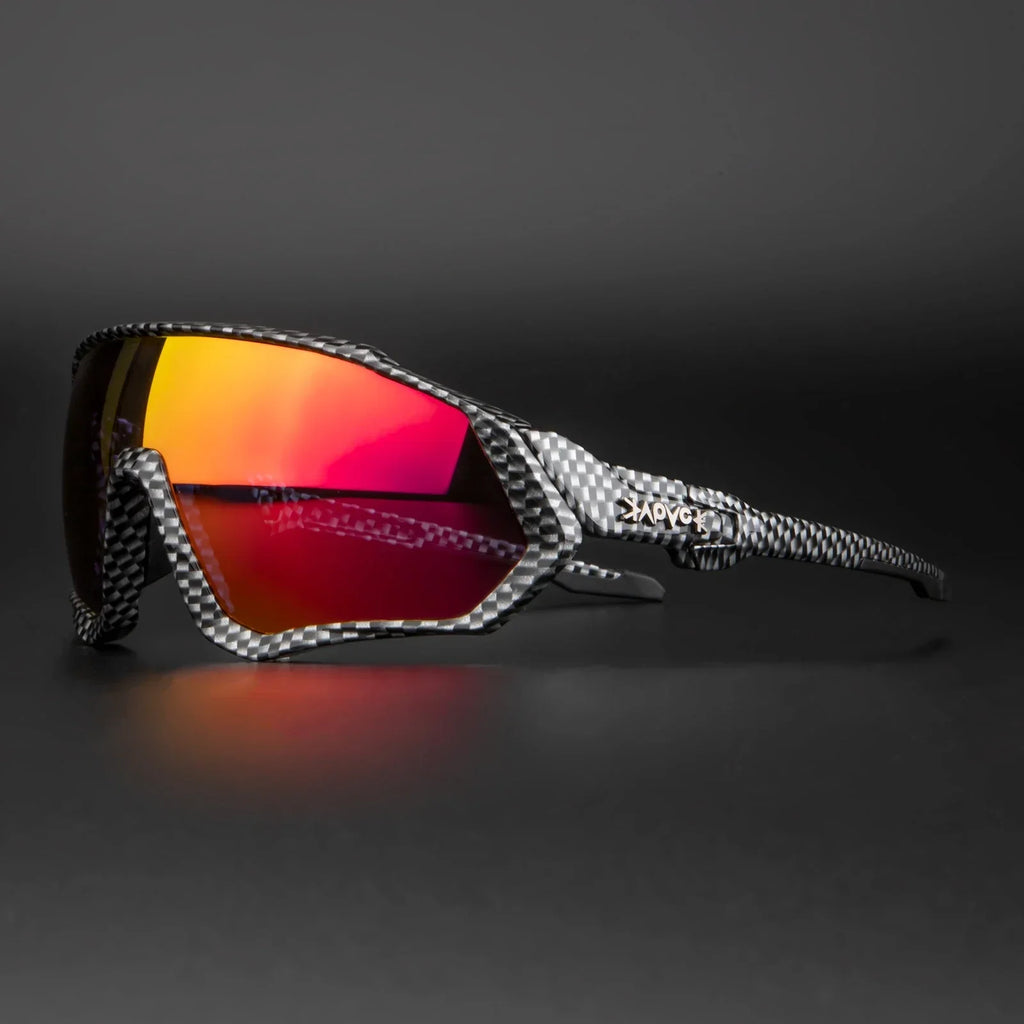 Sport sunglasses with carbon fiber frame and red mirrored lenses on black background
