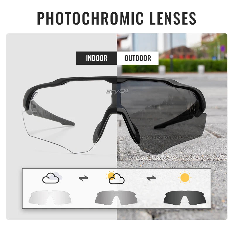 Photochromic sports sunglasses showing lens transition from clear indoors to dark outdoors.