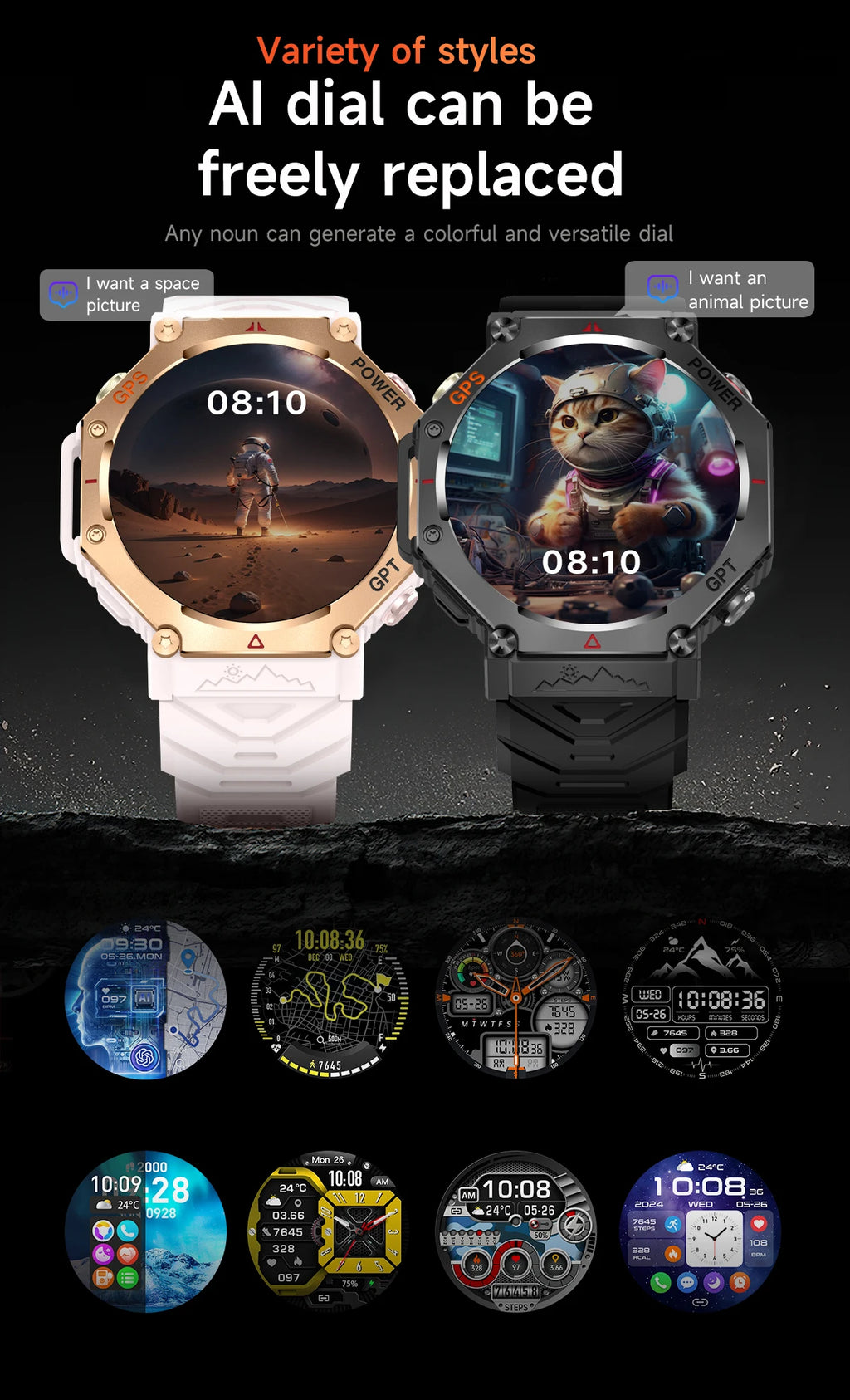 New ChatGPT AI assistant smartwatch with 5ATM water resistance, GPS, built-in dual-frequency GNSS and compass. For men and women