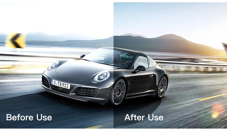 Side-by-side comparison of a sports car before and after using a windshield cleaner, showing clearer, glare-free visibility.