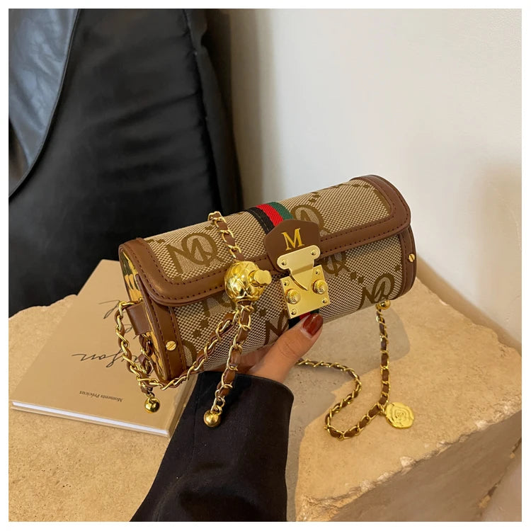 Fashionable Retro Summer Women's Chain Crossbody Bag Trendy Cylinder Bag Soft PU Leather Casual Style Small Size Korean Style