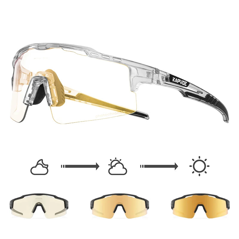 Photochromic sports sunglasses with clear frame and lenses that change tint in sunlight