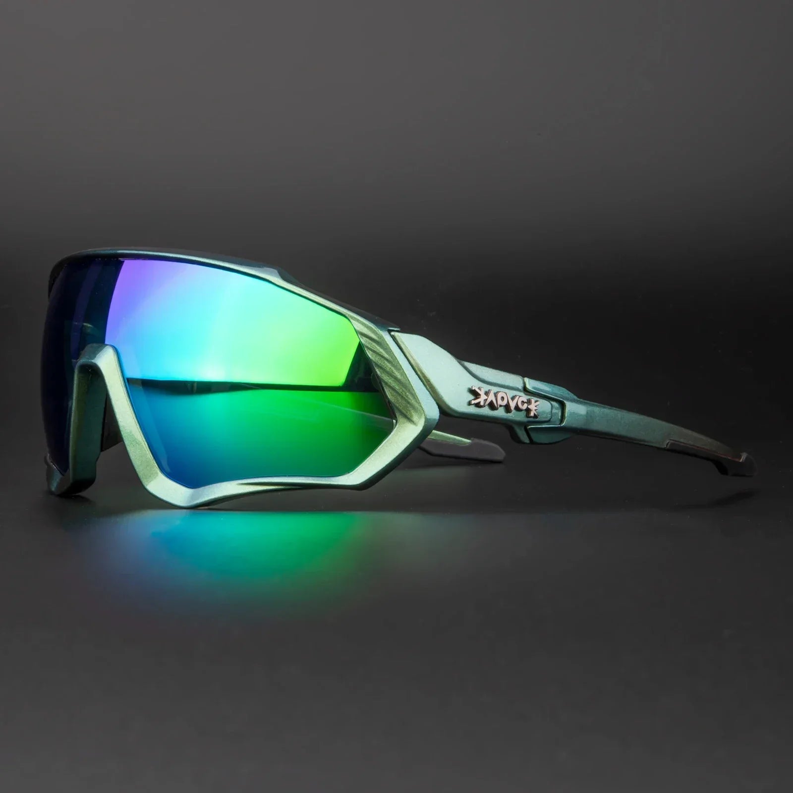 Futuristic sports sunglasses with green mirrored lenses and angular metallic frame on black