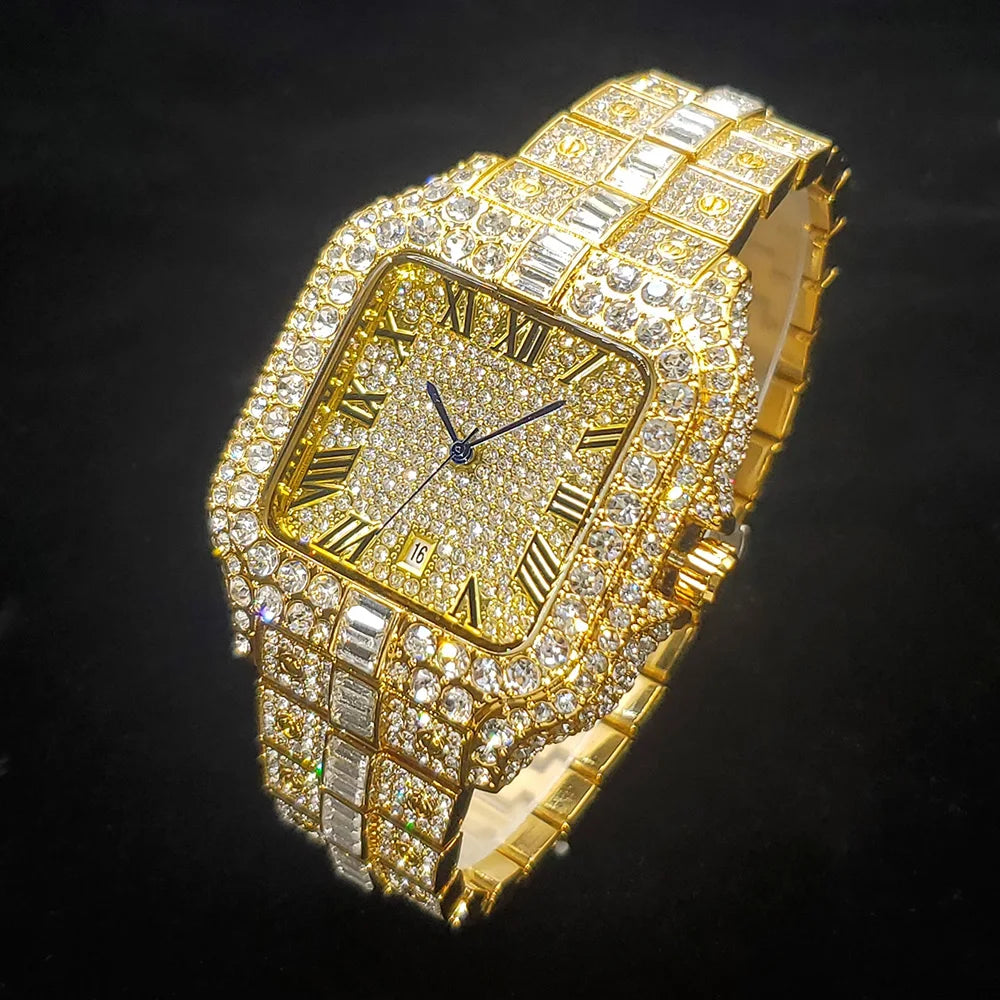 Hot Fashion Brand UNIGUET Hip Hop Rose Gold Iced Diamond Mens Watch Luxury Square Waterproof Quartz Man Clocks Relogio Masculino