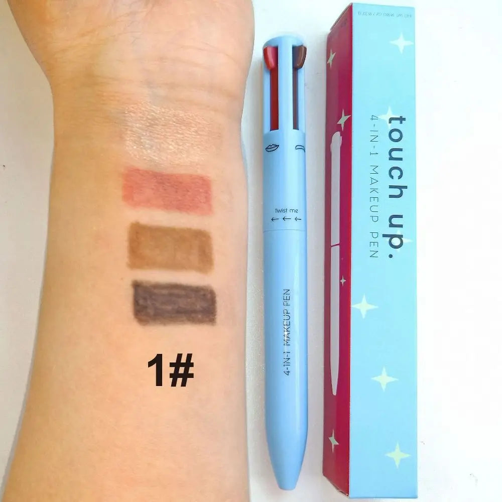 4-in-1 makeup pen with swatches of four colors on forearm, blue packaging box beside it