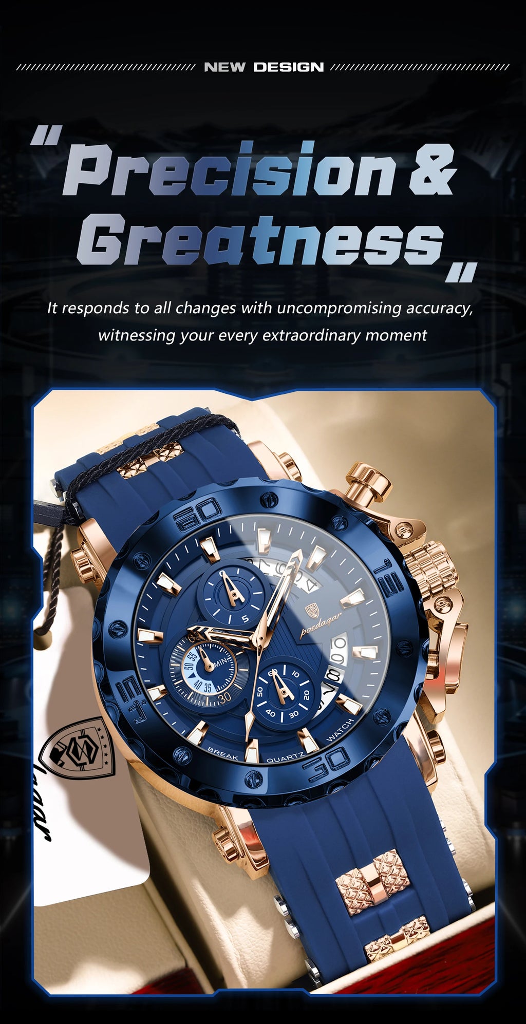 POEDAGAR Original Luxury Man Watch Chronograph Waterproof Luminous Sports Men Clock Calendar Silicone Strap Quartz Men's Watches