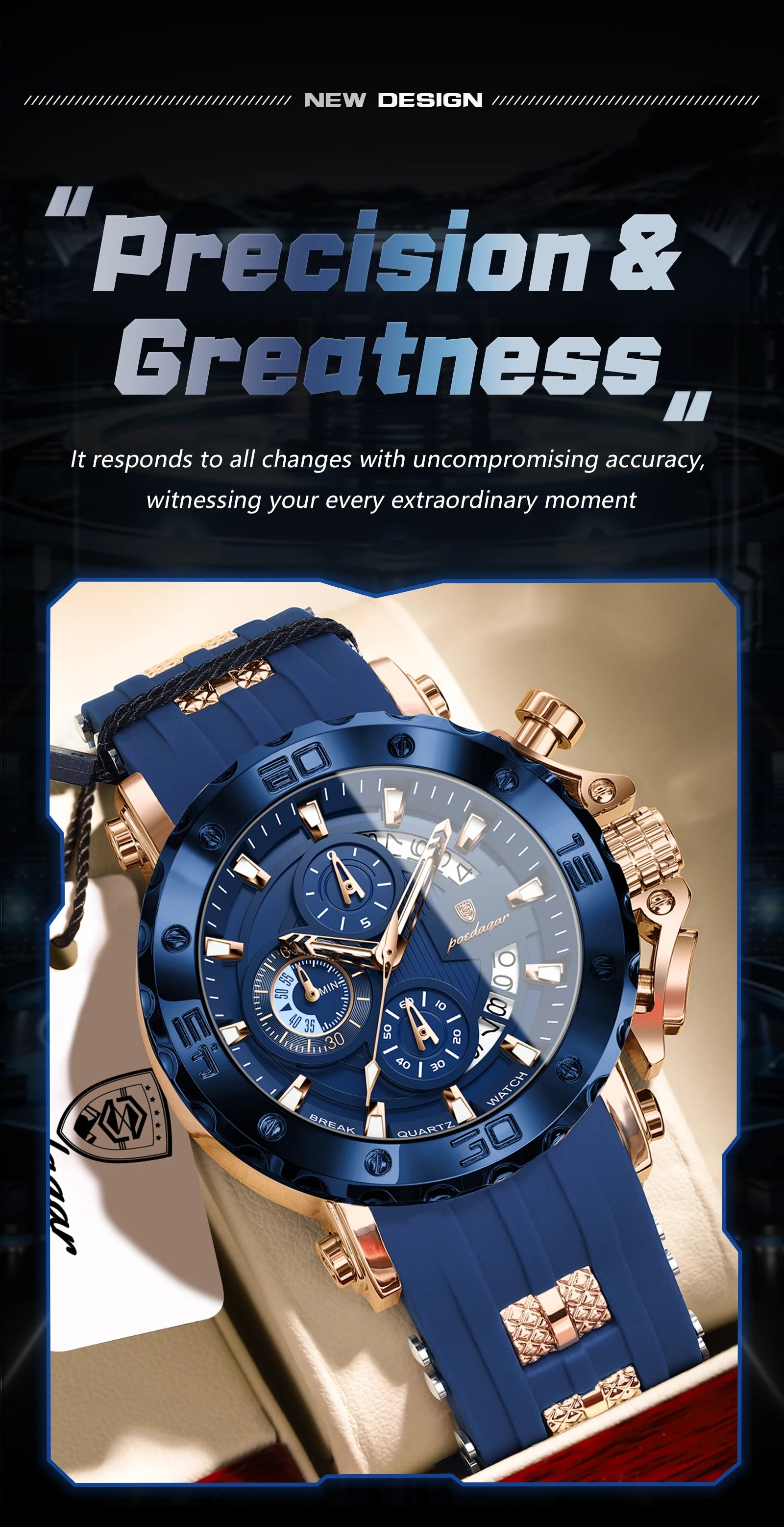 POEDAGAR Original Luxury Man Watch Chronograph Waterproof Luminous Sports Men Clock Calendar Silicone Strap Quartz Men's Watches