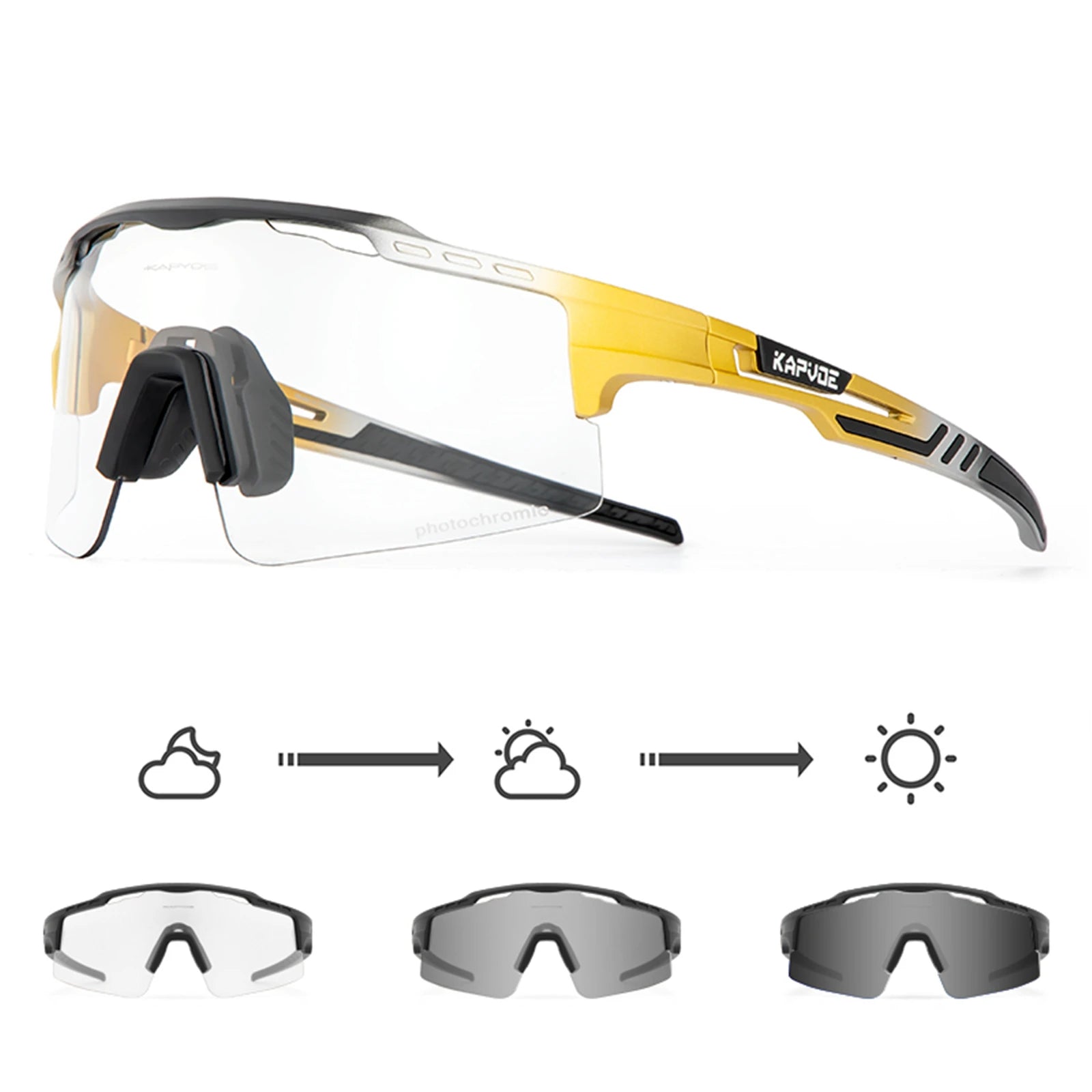 Yellow and black photochromic sports sunglasses with interchangeable lenses for UV protection