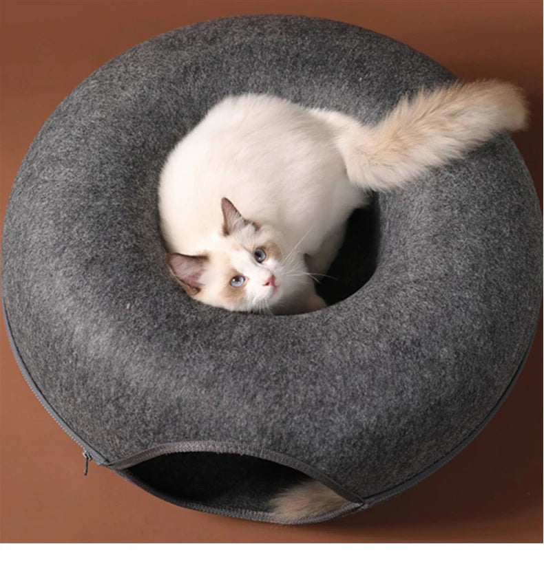 Interactive Round Cat Tunnel Donut Nest Felt Kittens Bed House Scratcher Sleeping Cushion Pet Toy for Cats