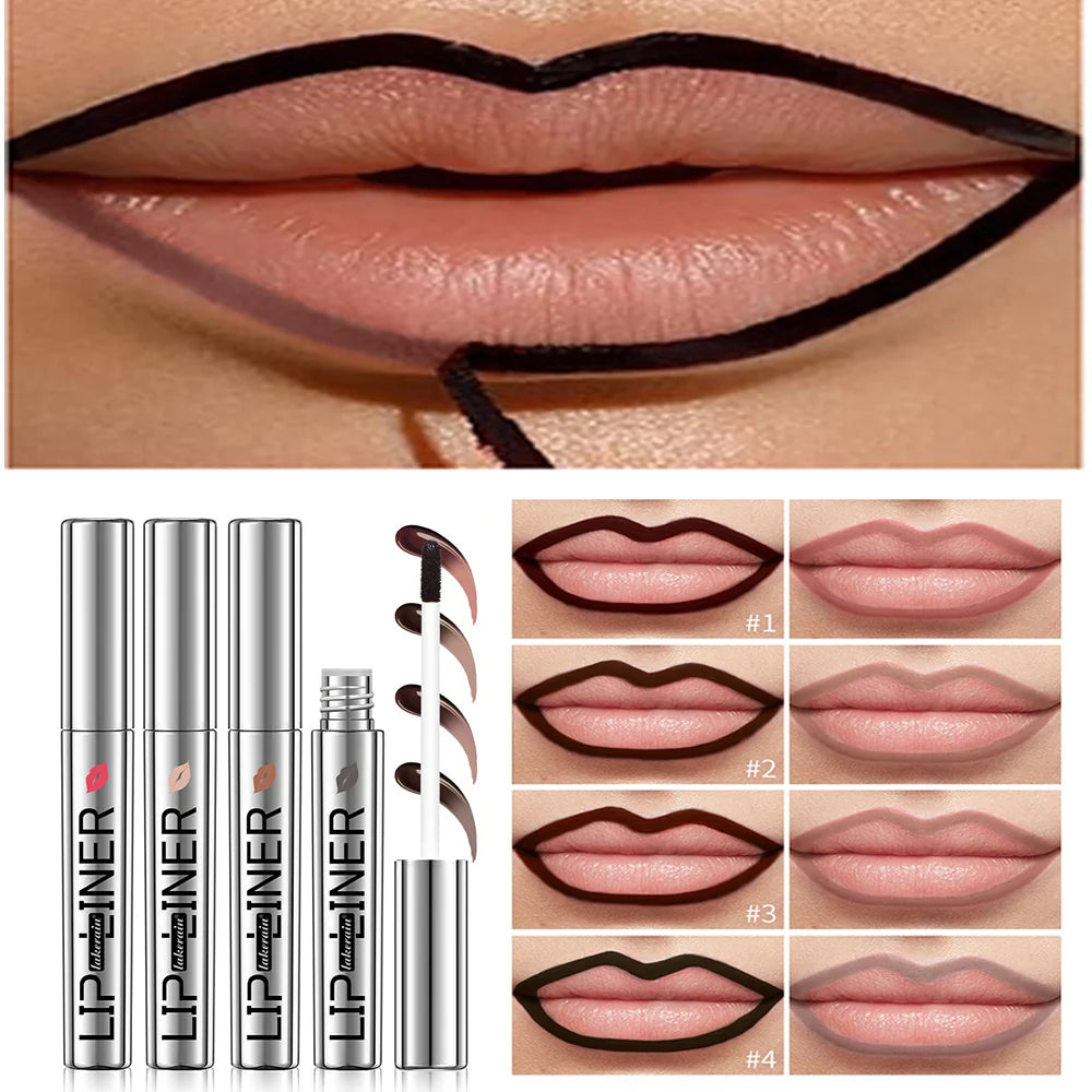 Waterproof lip liner makeup, black outlined lips, nude shades, product tubes displayed