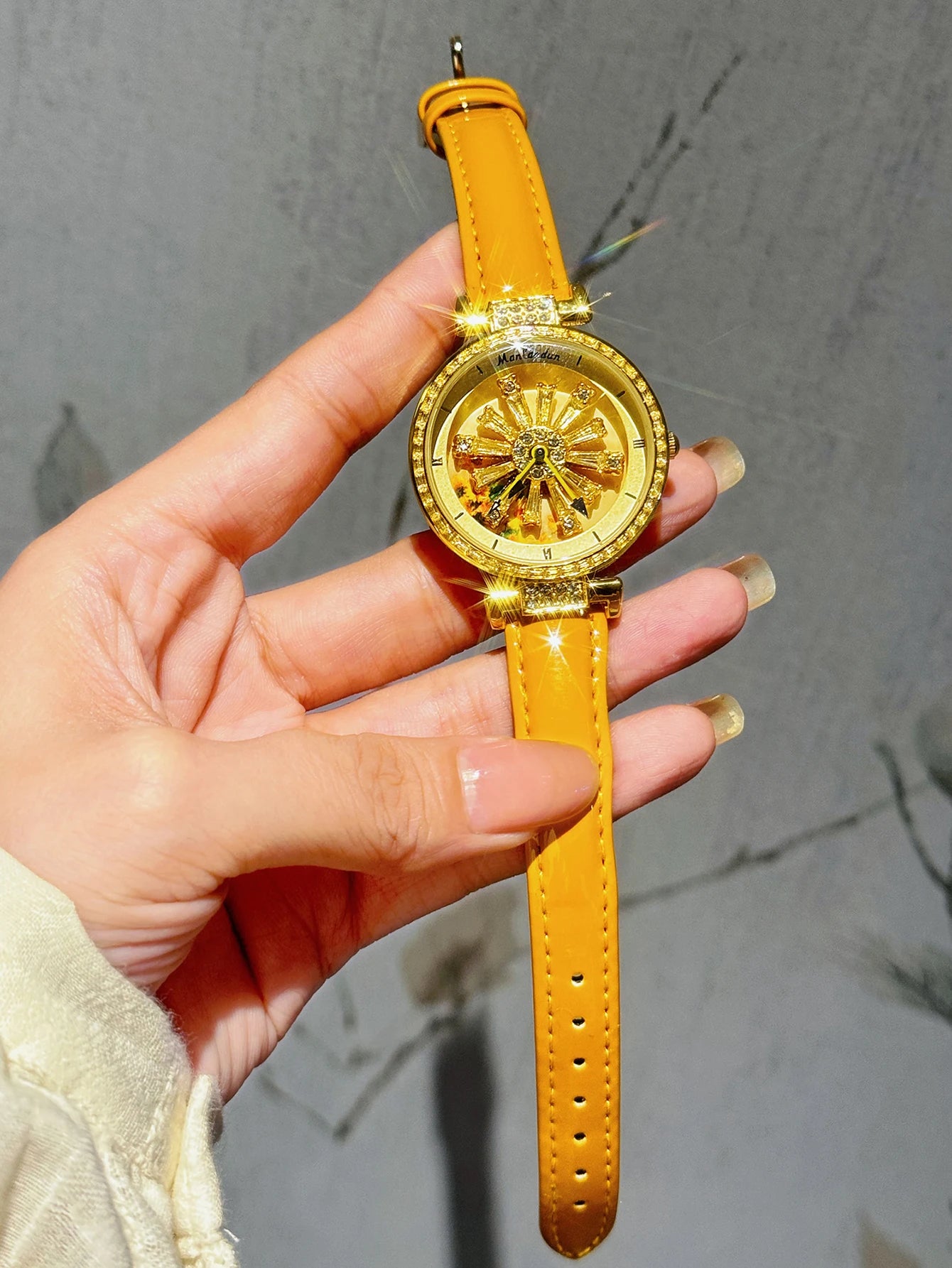 Fashionable Women's Watch With Transparent Back, Diamond Inlaid, Rotating Galaxy Dial, Sunflower Design Waterproof Quartz Watch