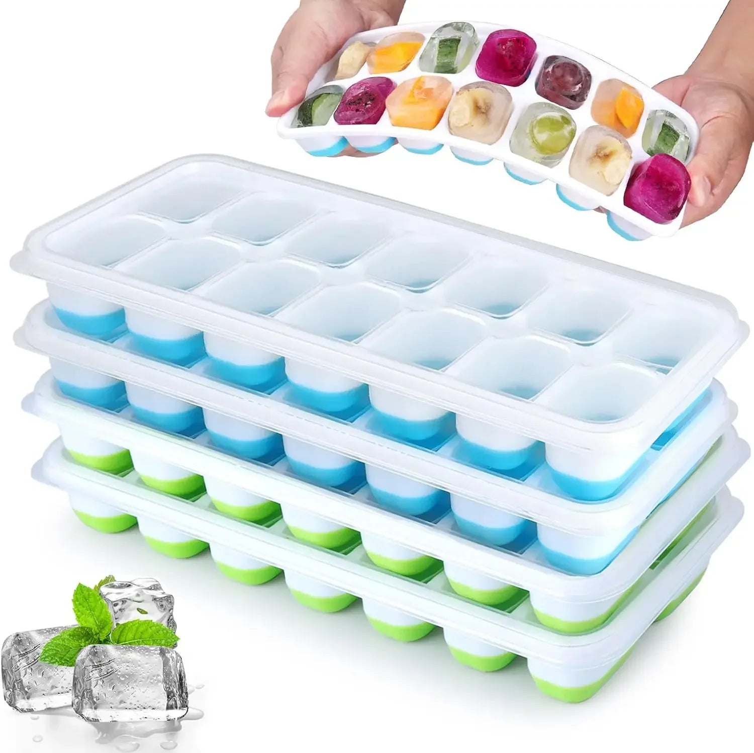 Silicone Ice Cube Mold Trays Reusable Ice Tray with Lid 14 Cube Easy Release Whiskey Cocktail Freezer Container