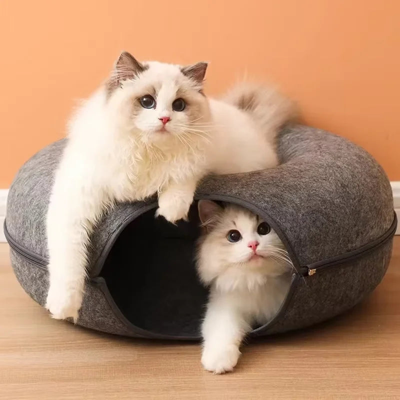 Interactive Round Cat Tunnel Donut Nest Felt Kittens Bed House Scratcher Sleeping Cushion Pet Toy for Cats
