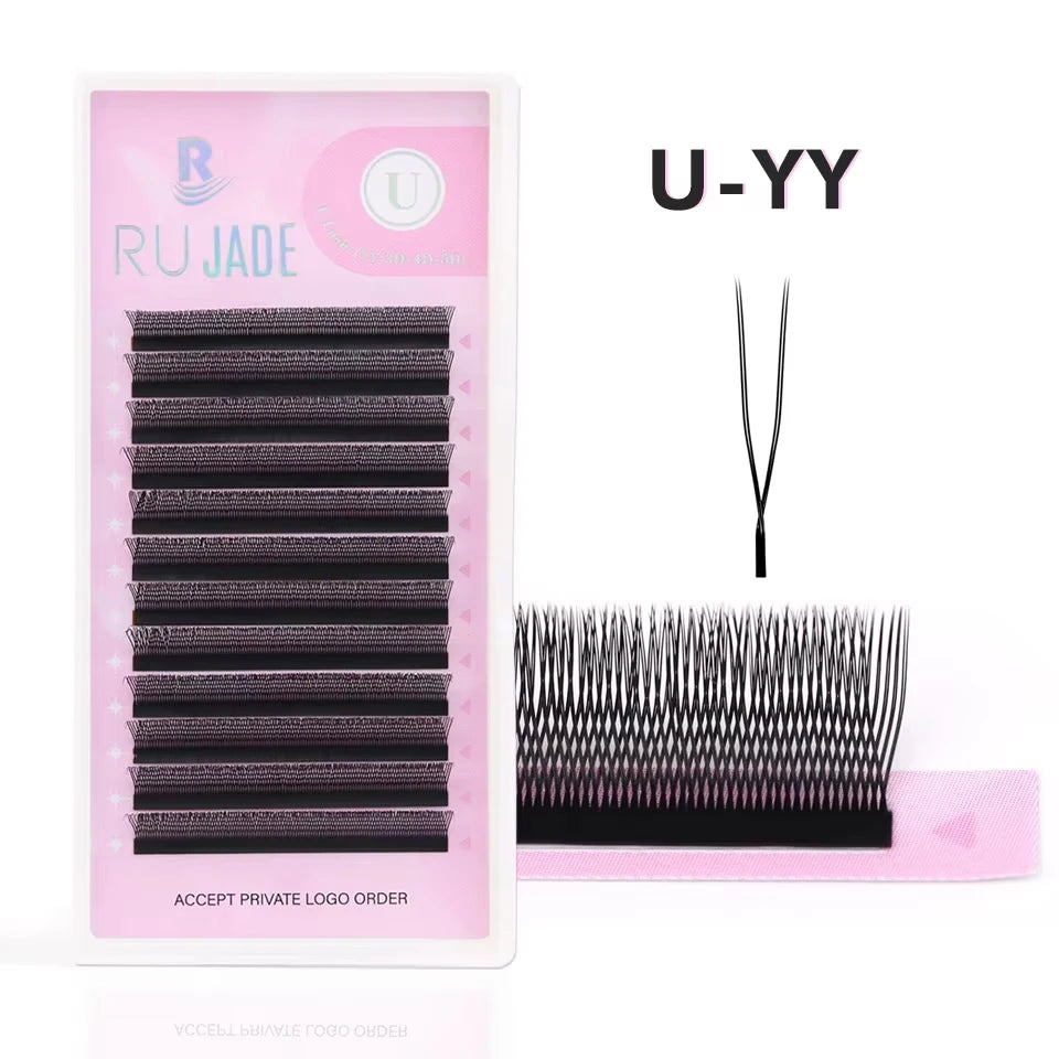 Tray of black U-YY volume eyelash extensions with close-up of lash fans on white background