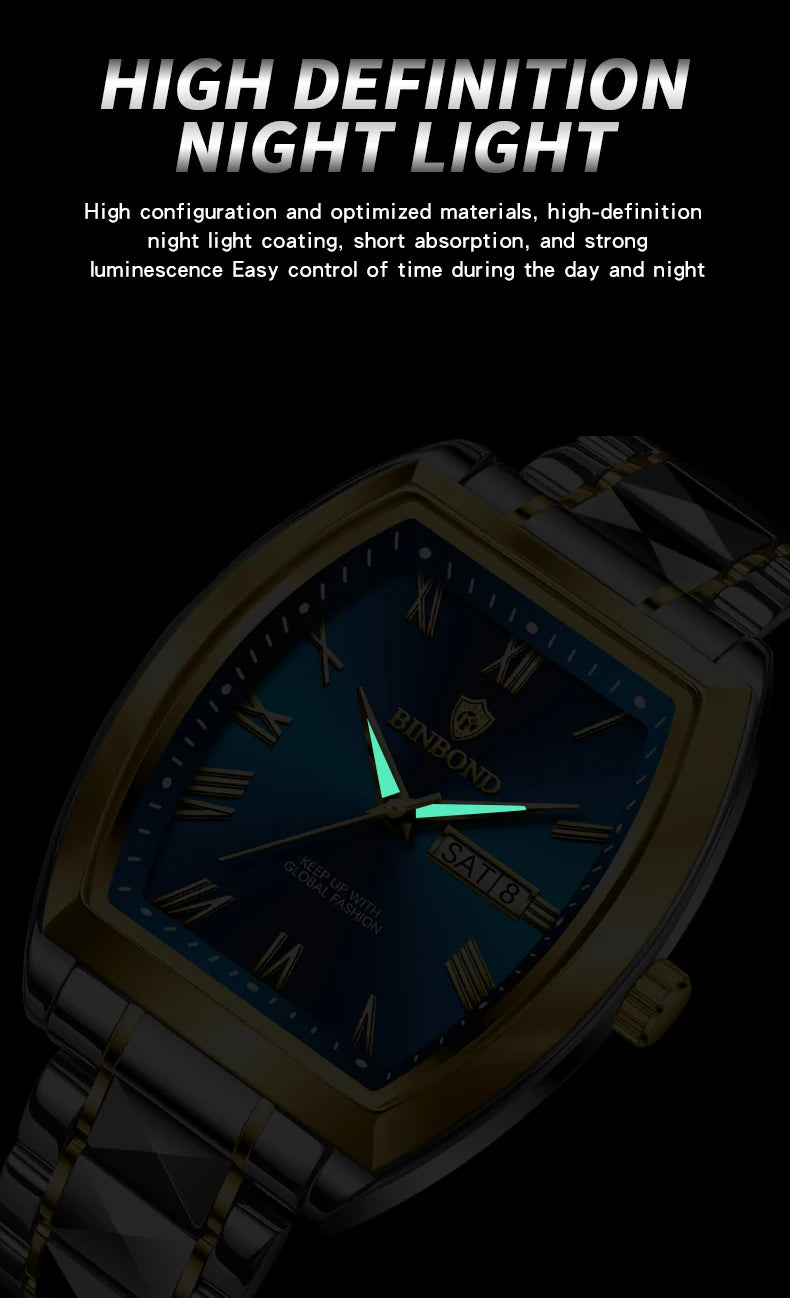 BINBOND 2pcs Couple Watches Fashion Square Quartz Watch for Lover Wateproof Luminous Date Week Men Ladies Valentine Wristwatch