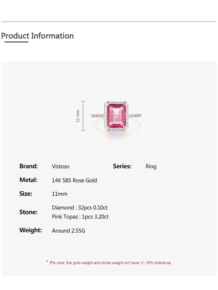 VISTOSO Genuine 14K 585 Rose Gold Solitaire Rings For Women Sparkling Diamond Pink Topaz Rectangle Gorgeous Fine Fashion Jewelry
