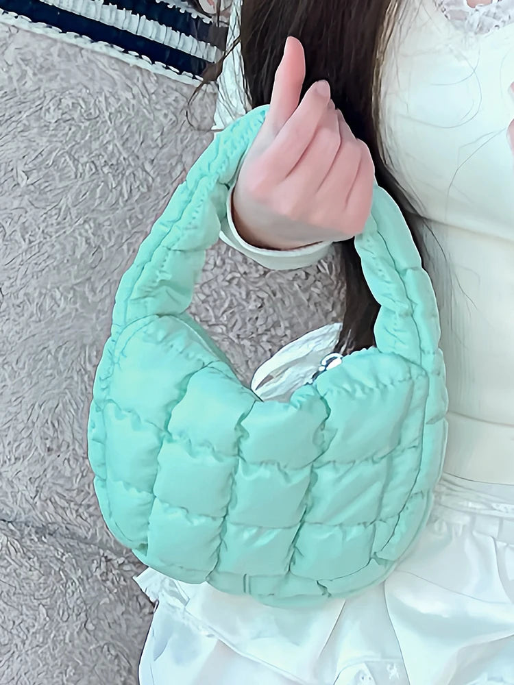 Spring 2025 Cloud Texture Quilted Bubble Handbag Casual Korean Style Women's Bag Mobile Phone Bag Folded Nylon Youth Leisure