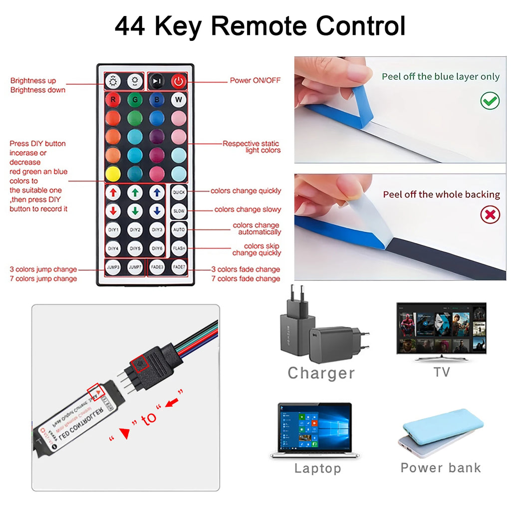 Led Strip Lights with 44 Key Remote Control 1m 5m 10m 20m RGB Tape Led Wall Room for Home Bedroom Party Decor TV Backlight