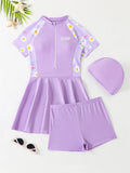 Kids Swimsuit Girls Swimwear 2026 New Solid Print Short Sleeve Dress Zipper Children Swimming Shorts Beach Bathing Suit 3 Piece