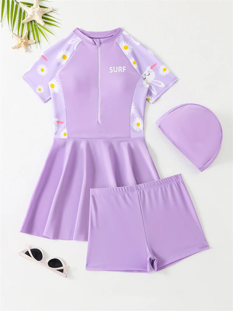 Kids Swimsuit Girls Swimwear 2026 New Solid Print Short Sleeve Dress Zipper Children Swimming Shorts Beach Bathing Suit 3 Piece