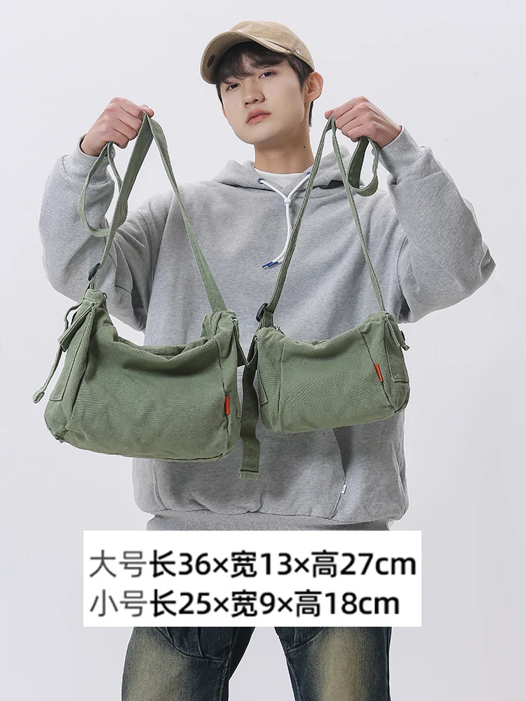 Retro Canvas Shoulder Bag Men's Casual Crossbody Pouch Zipper Book Commuting Leisure Vintage Backpack Youth Pure Color