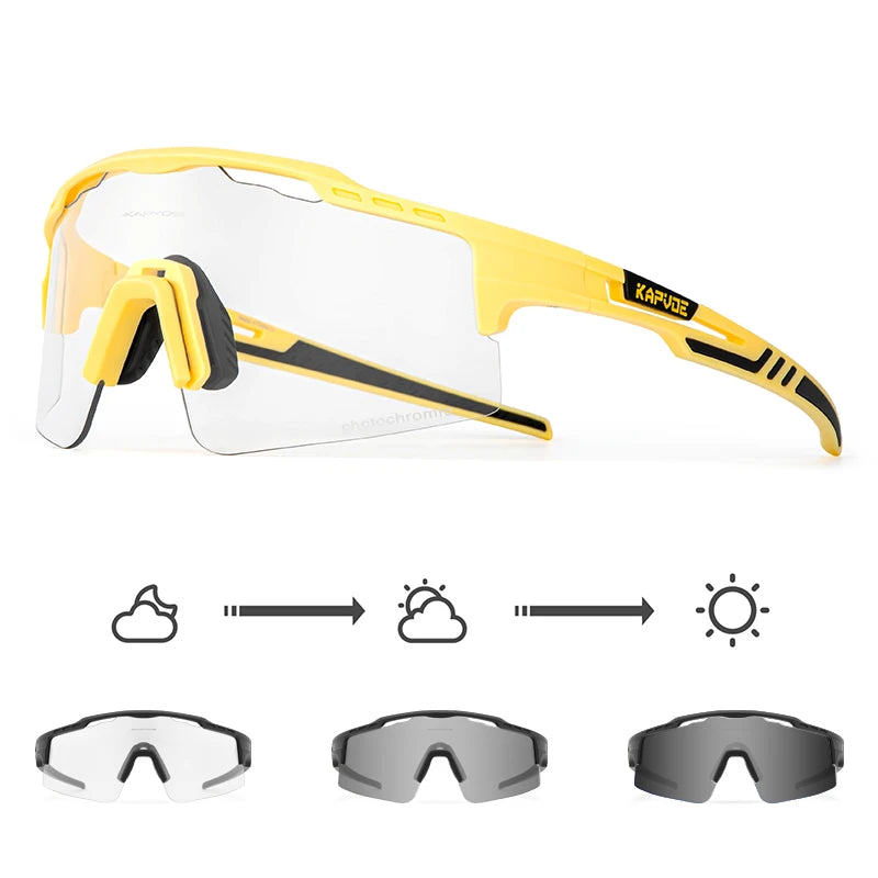Yellow photochromic sport sunglasses with interchangeable lenses and light adjustment icons