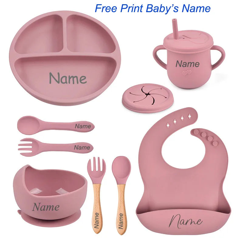 Personalized Logo Name Baby Silicone Dishes Feeding Set Suction Cup Bowl Tableware Kids Bowl Spoon Fork Bib Feeding Set BPA Free