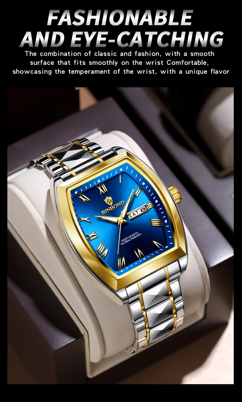 BINBOND 2pcs Couple Watches Fashion Square Quartz Watch for Lover Wateproof Luminous Date Week Men Ladies Valentine Wristwatch