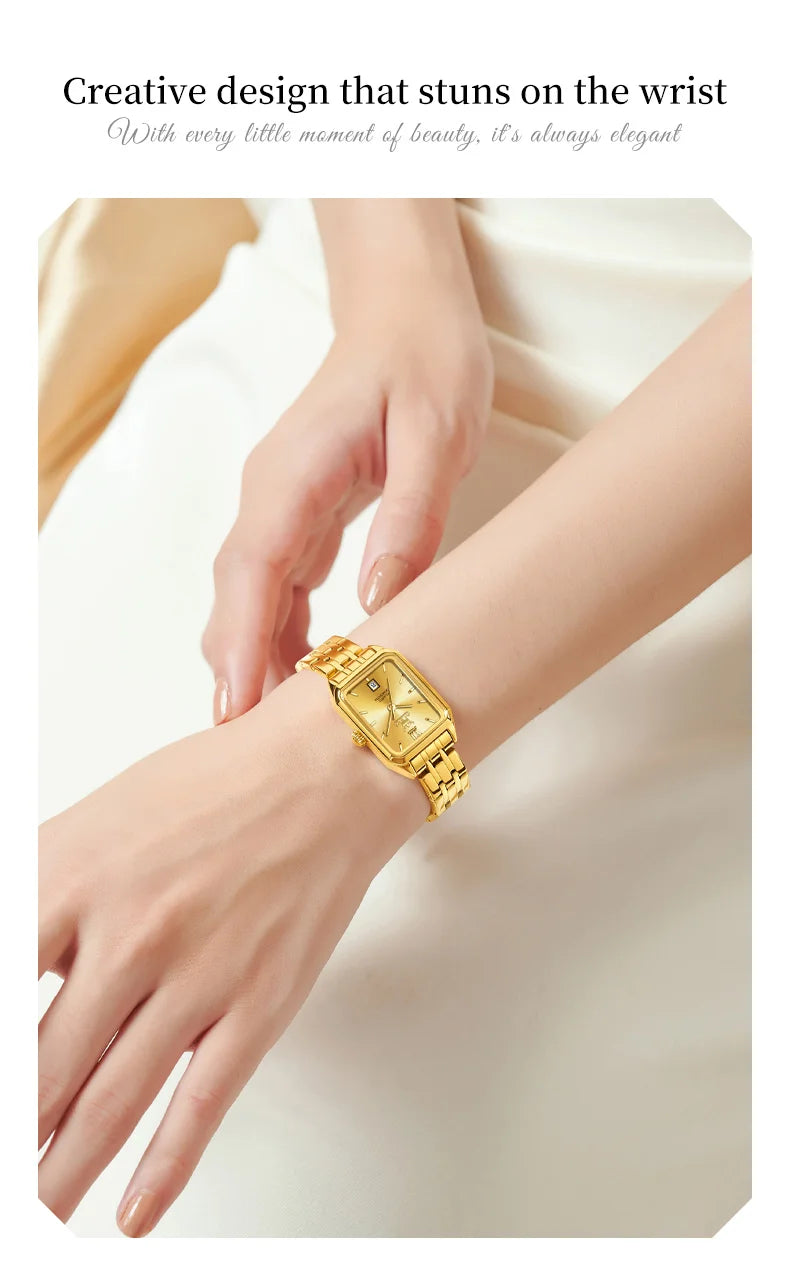 OLEVS 5616 New Quartz Watch for Women Fashion Elegant Square Golden Watch Calendar Waterproof Stainless Steel Ladies Wristwatch