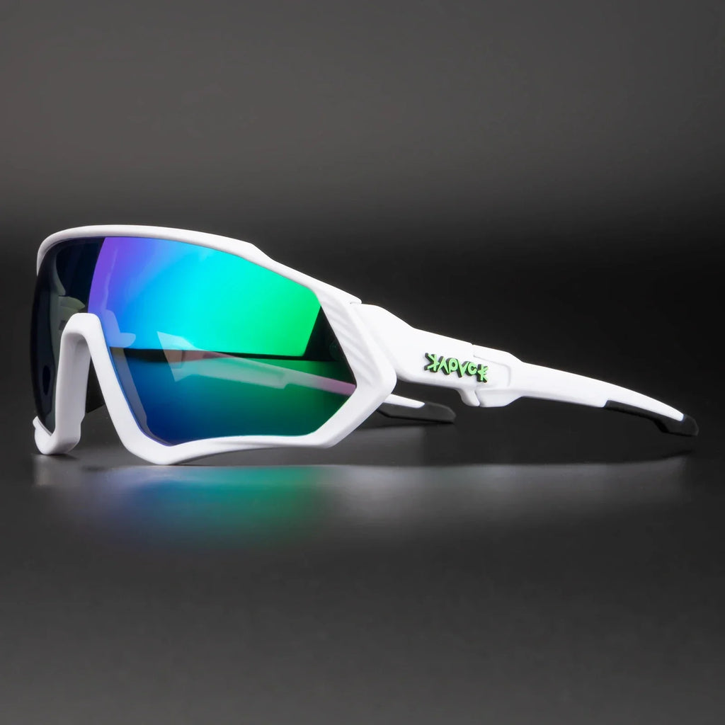 Sporty white sunglasses with reflective blue-green lenses on a dark background