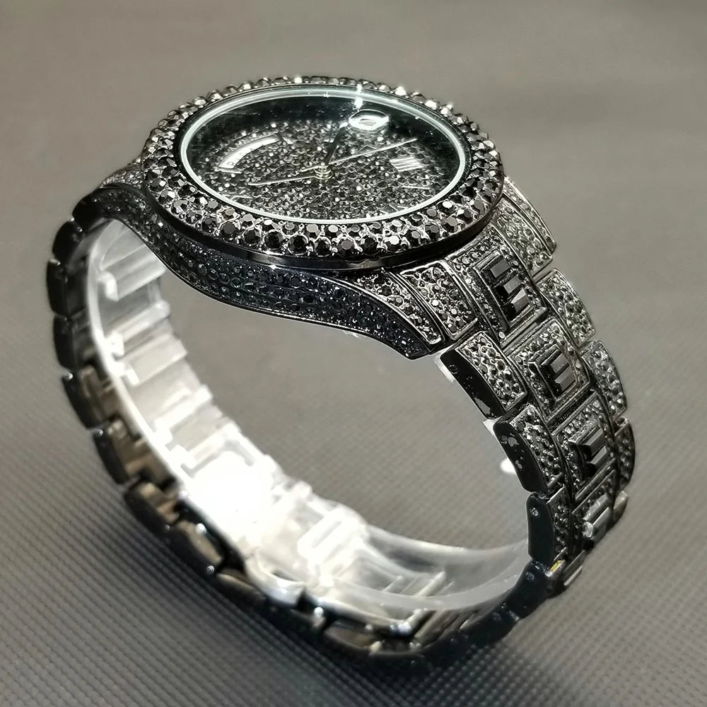 TikTok Hot Diamond Wristwatch For Men Luxury 18K Gold Plated Quartz Watches Day Date Nightclub Party Watch Unisex Rapper Jewelry