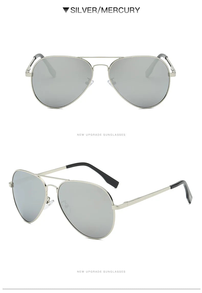 Silver aviator sunglasses with mirrored lenses and metal frame, shown front and angled view