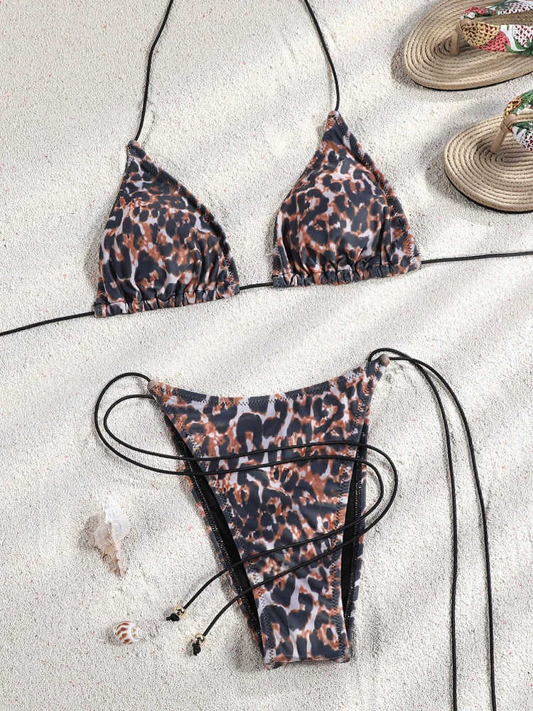 Miyouj New Bikini Triangle Swimwear Leopard Two Piece Suit Solid Color Bathsuit Sexy Swimsuits High Cut Bathwear Bandage Biquini