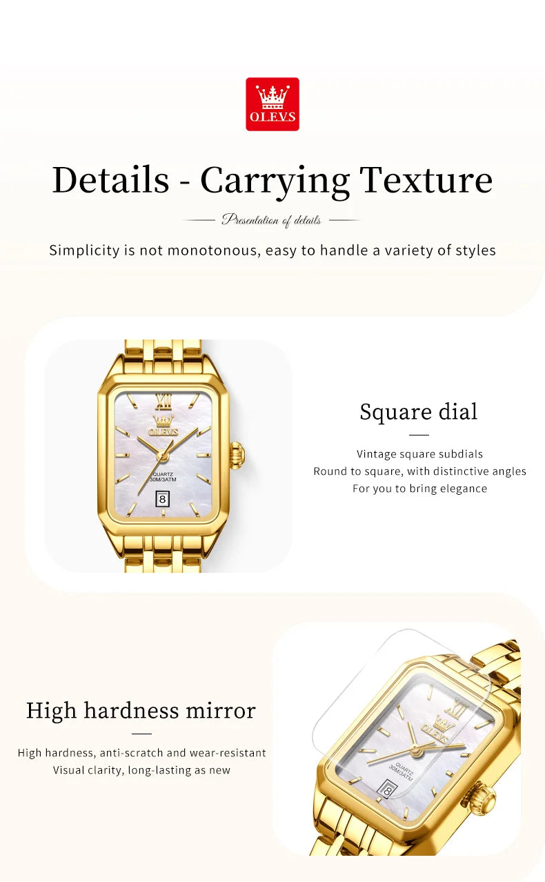OLEVS 5616 New Quartz Watch for Women Fashion Elegant Square Golden Watch Calendar Waterproof Stainless Steel Ladies Wristwatch