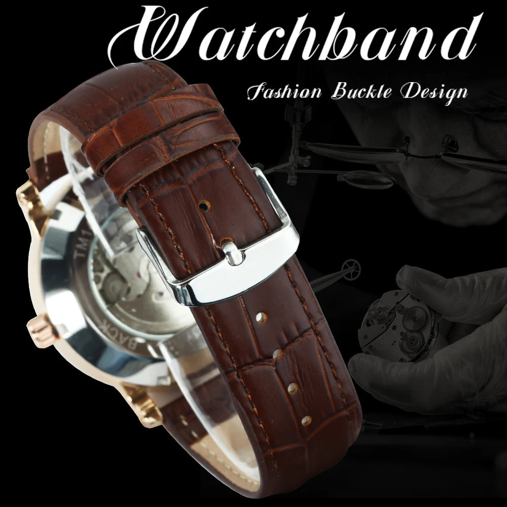 Forsining Classic Business Automatic Mens Watch Calendar Luxury Brand Brown Leather Strap Fashion Rose Gold Mechanical Watches