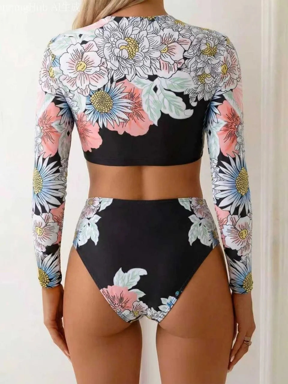 2026 Long Sleeve Two Pieces Surfing Swimsuit Floral Print Swimwear Women Rashguard Diving Clothes Bathing Swim Suit Beachwear