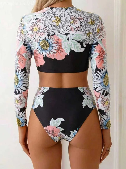 2026 Long Sleeve Two Pieces Surfing Swimsuit Floral Print Swimwear Women Rashguard Diving Clothes Bathing Swim Suit Beachwear