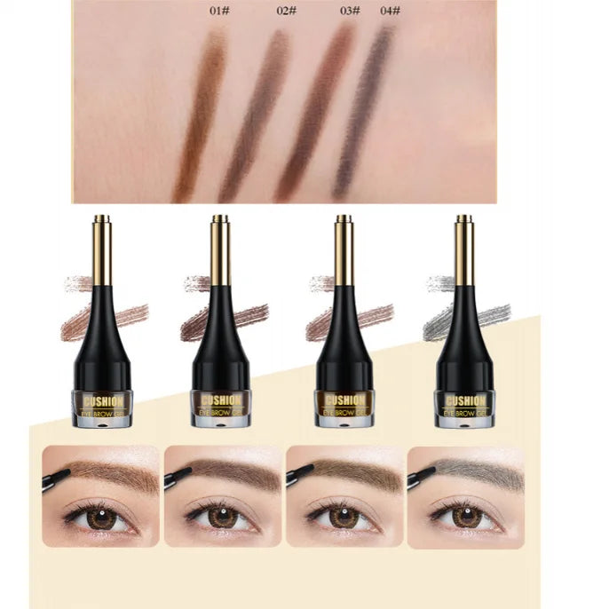 Eyebrow gel in four shades with swatches and application on model brows