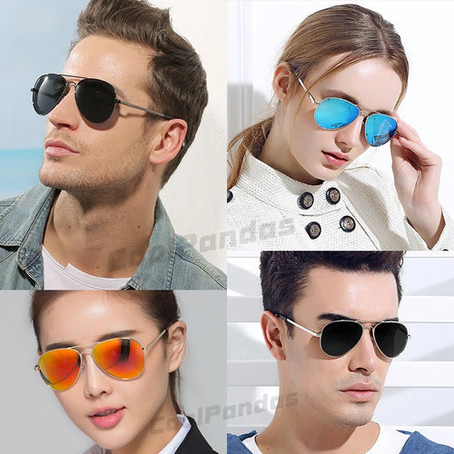 Stylish men and women wearing aviator sunglasses in assorted lens colors